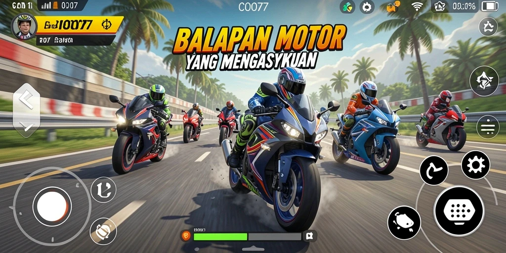 Tampilan gameplay seru dari COO77 dengan balapan motor yang menegangkan.