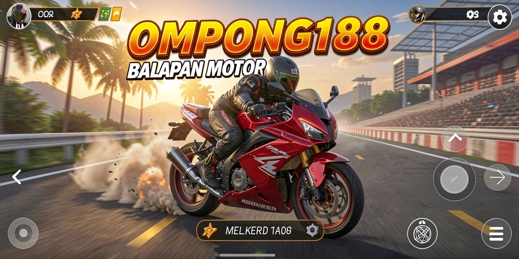 Screenshot OMPONG188 menampilkan pembalap motor melintasi lintasan dengan kecepatan tinggi.